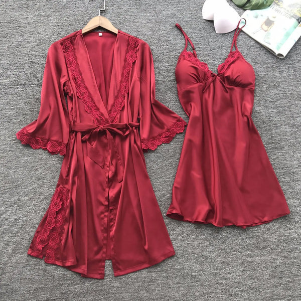 2PCS Leepwear Female Pajamas Set Satin Home Pyjamamas Lace Robe Sleep Suit V-Neck Wedding Nightwear Wear Nighty&Rob