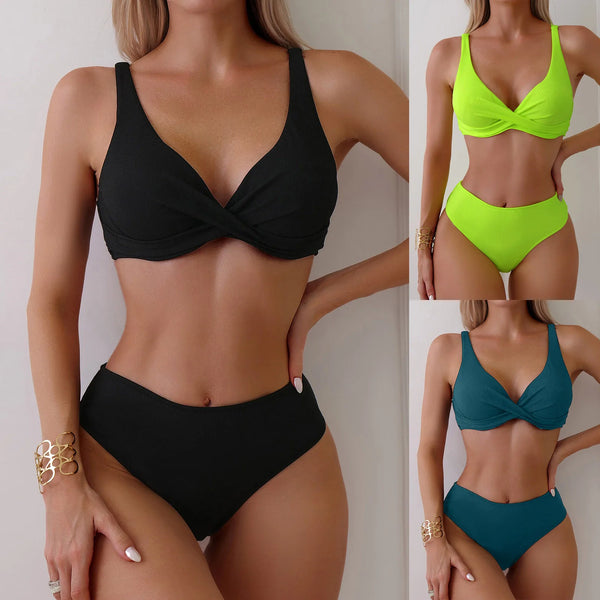 Women Ruched Plus Size Sexy Deep V-Neck Halter Beachwear Bathing Suits Female Push Up Padded Biquini Bathers Ropa De Mujer