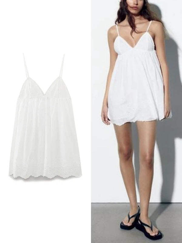 TRAFZA Women's Spaghetti Straps Elegant Hollow Embroidery Mini Cami Dress Gentle Seaside V-Neck Backless Lace Short Dresses