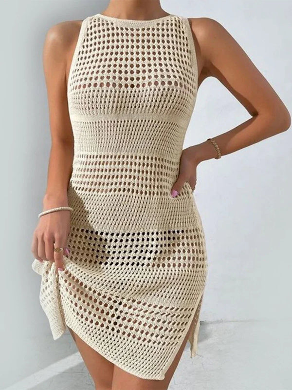 Hirigin Women Knitted Crochet Tunic Beach Cover Up Sexy See-Through Hollow-Out Crew Neck Sleeveless Bikini Dress Swimwear