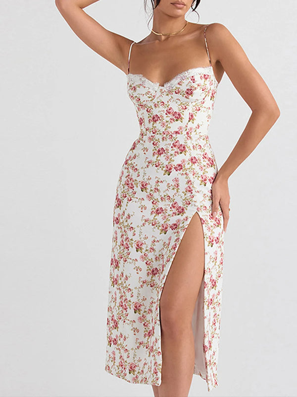 Women s Sexy Cutout Backless Maxi Dress Floral Printed Spaghetti Strap Y2K Low Cut Split Bodycon Party Dress