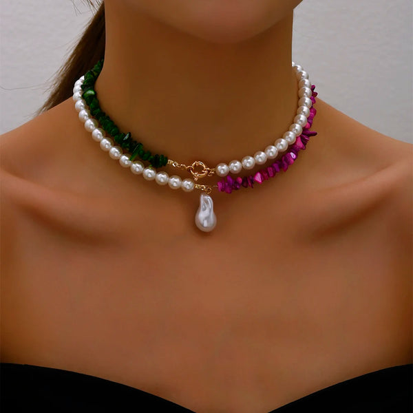 Trend Elegant Jewelry Wedding Big Pearl Necklace For Women Fashion Imitation Pearl Green Rose Color Stone Choker Necklace