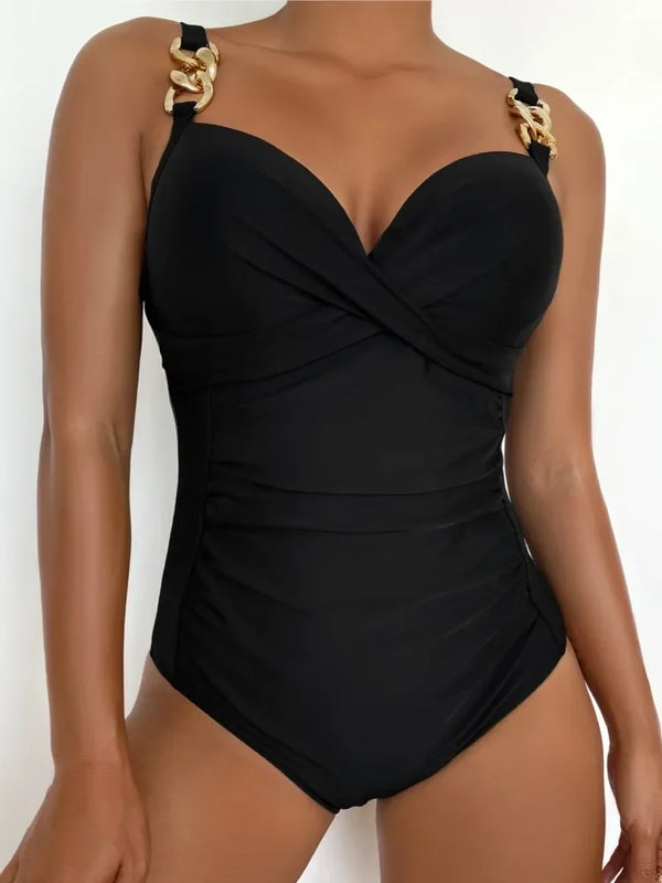 Sexy Chain Shoulder Thong Monokini Push Up Women Swimsuit One Piece Ruched Tummy Control Swimwear Female Bathing Suit 2024 Mujer