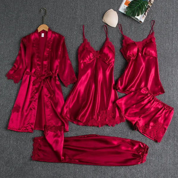 Lace Casual Gown Kimono Nightwear Pants!  Trim With Summer Robe Wear Pajama Pyjamas Pour Women Femme Set Sleepwear Satin Home